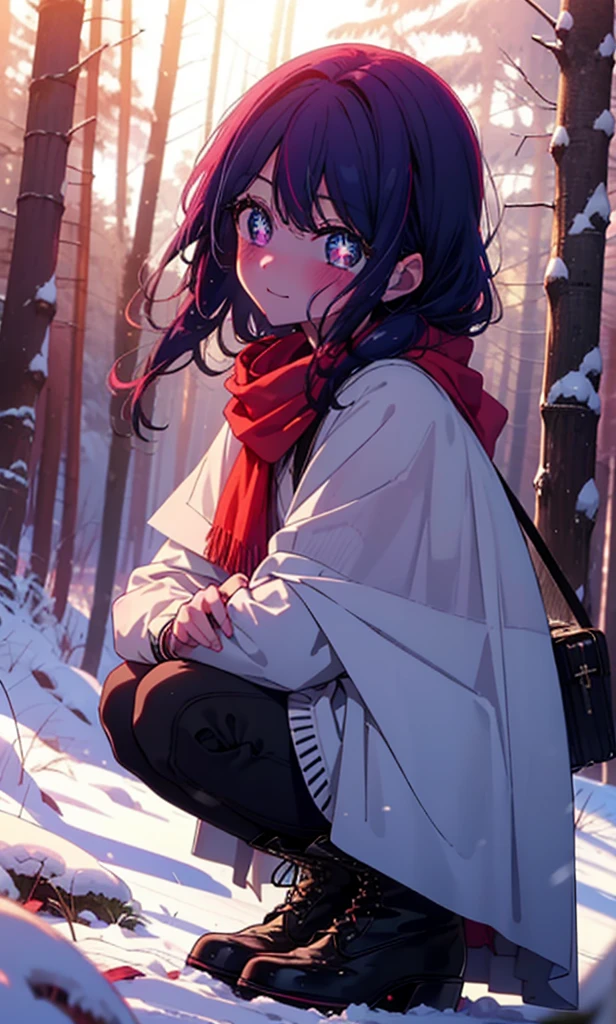 aihoshino, Ai Hoshino, Long Hair, bangs, (Purple eyes:1.1), Purple Hair, (Symbol-shaped pupil:1.5), smile,,smile,blush,White Breath,
Open your mouth,snow,Ground bonfire, Outdoor, boots, snowing, From the side, wood, suitcase, Cape, Blurred, , forest, White handbag, nature,  Squat, Mouth closed, Cape, winter, Written boundary depth, Black shoes, red Cape break looking at viewer, Upper Body, whole body, break Outdoor, forest, nature, break (masterpiece:1.2), Highest quality, High resolution, unity 8k wallpaper, (shape:0.8), (Beautiful and beautiful eyes:1.6), Highly detailed face, Perfect lighting, Highly detailed CG, (Perfect hands, Perfect Anatomy),