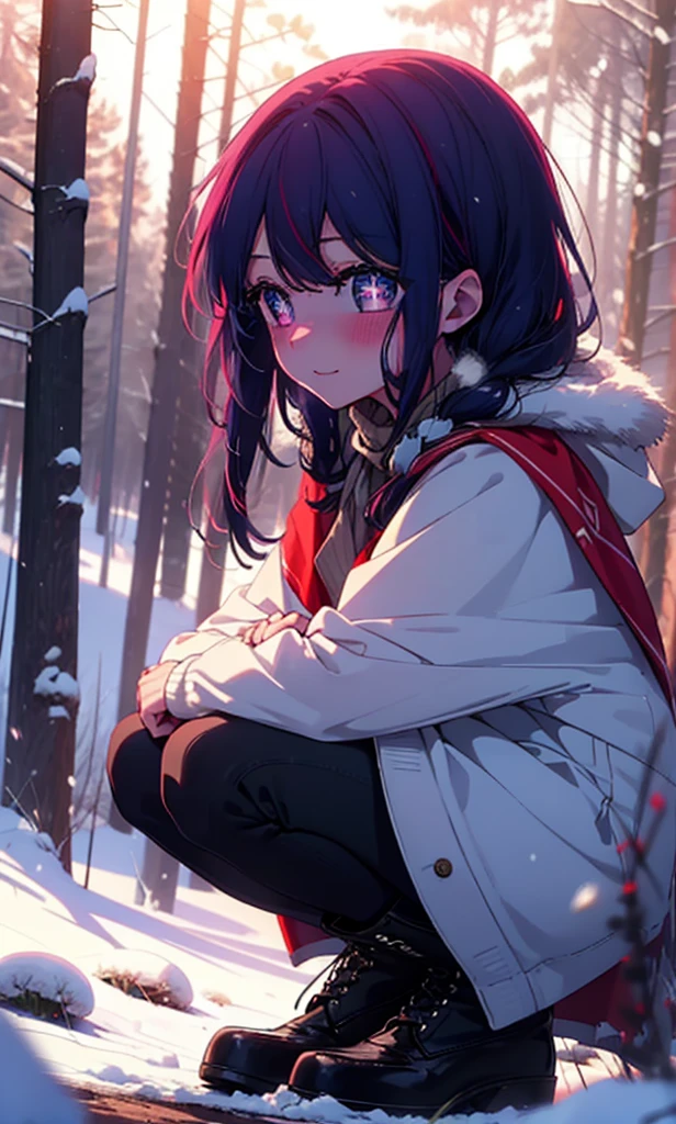 aihoshino, Ai Hoshino, Long Hair, bangs, (Purple eyes:1.1), Purple Hair, (Symbol-shaped pupil:1.5), smile,,smile,blush,White Breath,
Open your mouth,snow,Ground bonfire, Outdoor, boots, snowing, From the side, wood, suitcase, Cape, Blurred, , forest, White handbag, nature, Squat, Mouth closed, Cape, winter, Written boundary depth, Black shoes, red Cape break looking at viewer, Upper Body, whole body, break Outdoor, forest, nature, break (masterpiece:1.2), Highest quality, High resolution, unity 8k wallpaper, (shape:0.8), (Beautiful and beautiful eyes:1.6), Highly detailed face, Perfect lighting, Highly detailed CG, (Perfect hands, Perfect Anatomy),