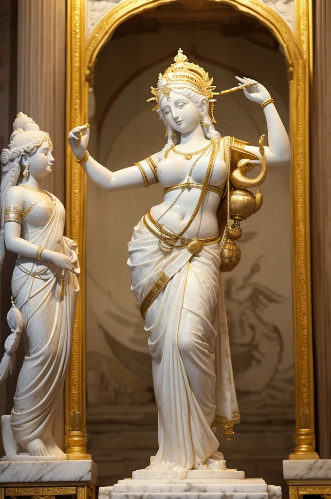 front view of a white marble statue of goddess Saraswati fully covered in a saree and wearing golden ornaments with her swan and veena in the greek renaissance style