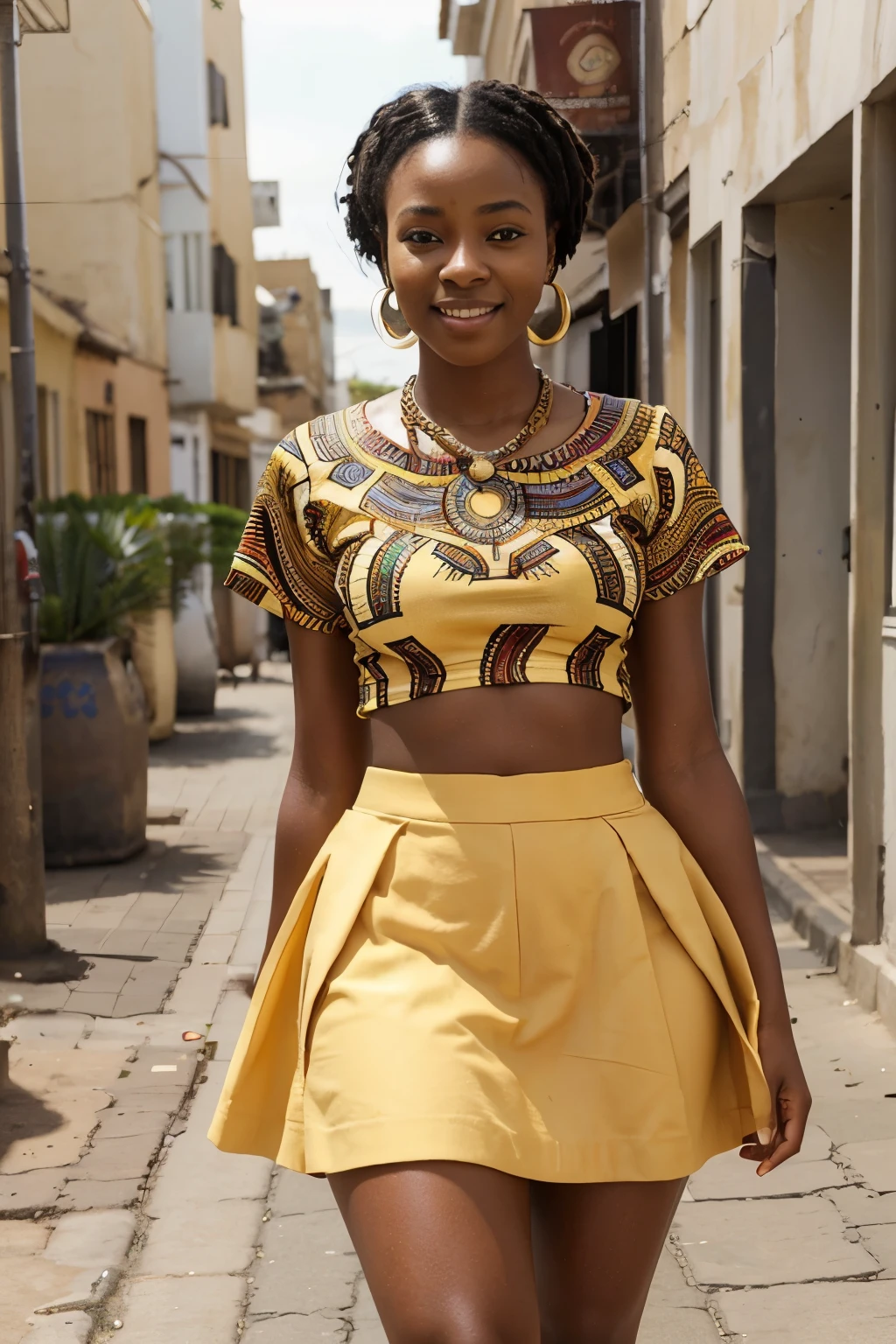 Create an image of a 23-year-old African woman, exuding happiness, dressed in a beautiful flare skirt and a beautiful top, she should be very thick and realistic . She should be walking down a street with the confidence and grace of a fashionista. The scene should be simple and capture her African heritage, reflecting her Kenyan background.