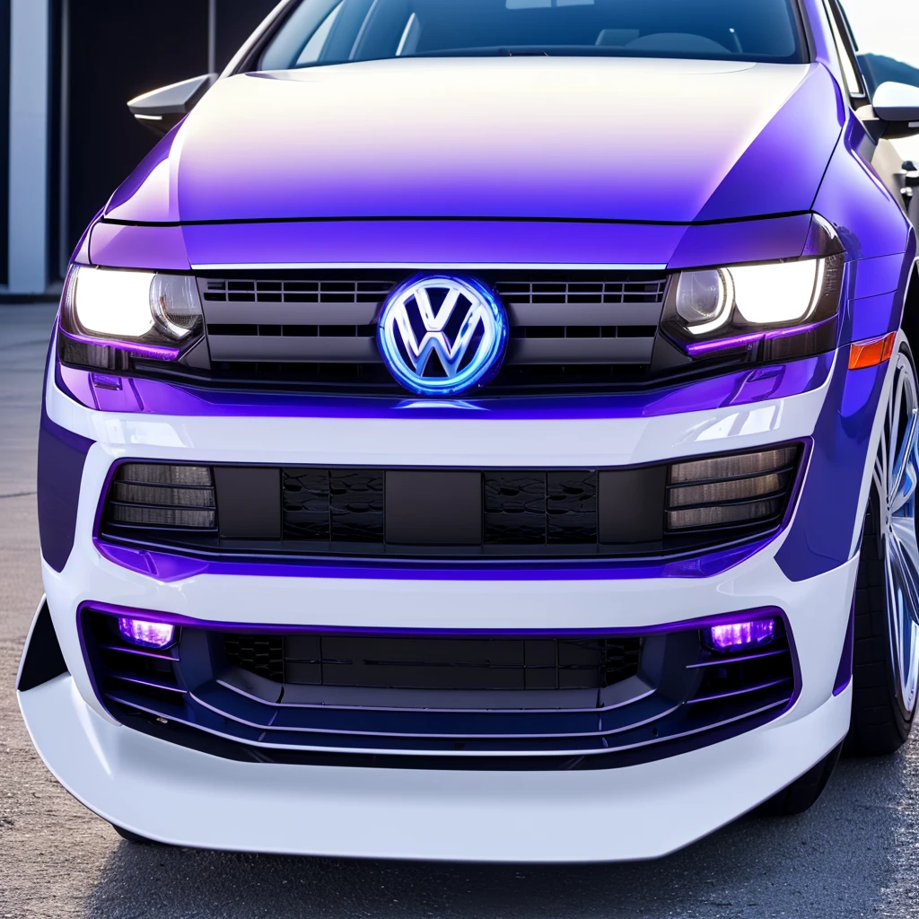 VW Golf 4 ((flip flop paint metallic blue lila purple)),((Wheel spacers)),((19 inch spoke rims white)),((black clear glass led headlights)),((Black taillights)),((Tinted windows)),getunt, Body kit,Speak,((Background a motor vehicle workshop)),modification,converted vehicle,optically changed,