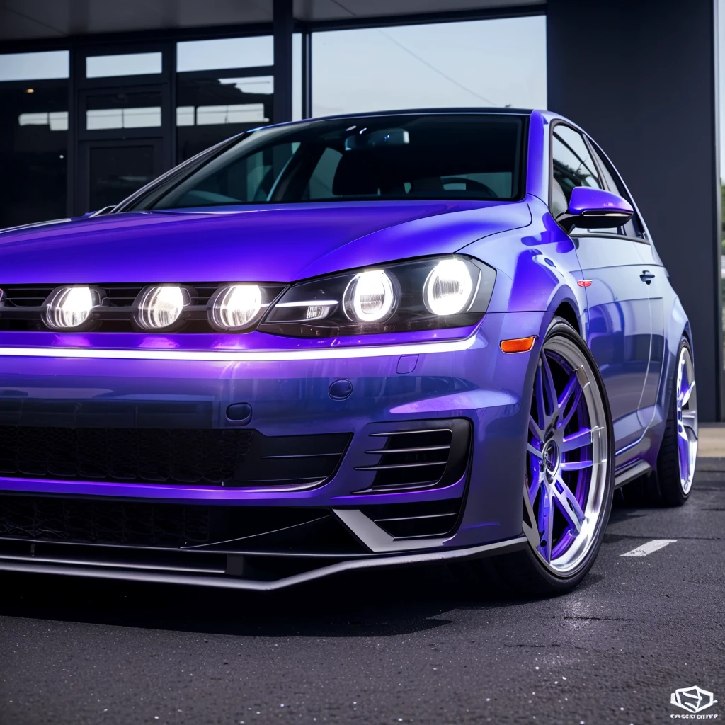 VW Golf 4 ((flip flop paint metallic blue lila purple)),((Wheel spacers)),((19 inch spoke rims white)),((black clear glass led headlights)),((Black taillights)),((Tinted windows)),getunt, Body kit,Speak,((Background a motor vehicle workshop)),modification,converted vehicle,optically changed, 