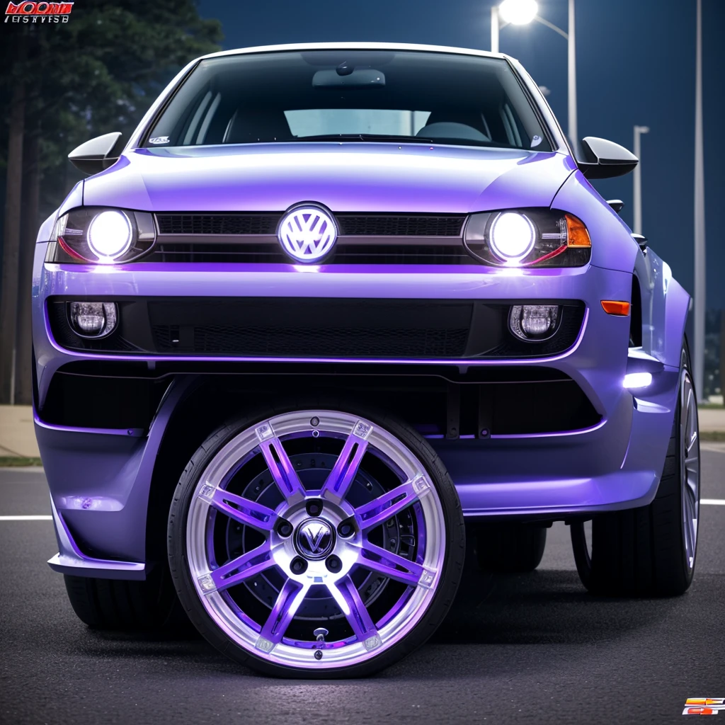 VW Golf 4 ((flip flop paint metallic blue lila purple)),((Wheel spacers)),((19 inch spoke rims white)),((black clear glass led headlights)),((Black taillights)),((Tinted windows)),getunt, Body kit,Speak,((Background a motor vehicle workshop)),modification,converted vehicle,optically changed,
