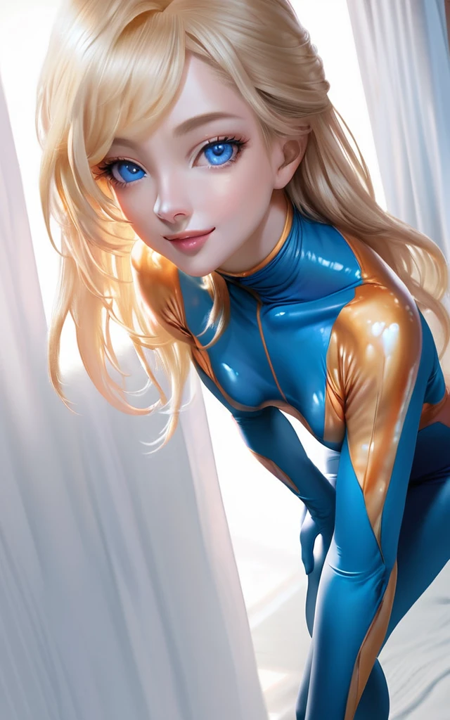 girl, smile, zero suit, blonde, blue eyes, Hyper Realistic