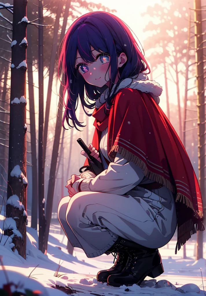 aihoshino, Ai Hoshino, Long Hair, bangs, (Purple eyes:1.1), Purple Hair, (Symbol-shaped pupil:1.5), smile,,smile,blush,White Breath,
Open your mouth,snow,Ground bonfire, Outdoor, boots, snowing, From the side, wood, suitcase, Cape, Blurred, , forest, White handbag, nature, Squat, Mouth closed, Cape, winter, Written boundary depth, Black shoes, red Cape break looking at viewer, Upper Body, whole body, break Outdoor, forest, nature, break (masterpiece:1.2), Highest quality, High resolution, unity 8k wallpaper, (shape:0.8), (Beautiful and beautiful eyes:1.6), Highly detailed face, Perfect lighting, Highly detailed CG, (Perfect hands, Perfect Anatomy),