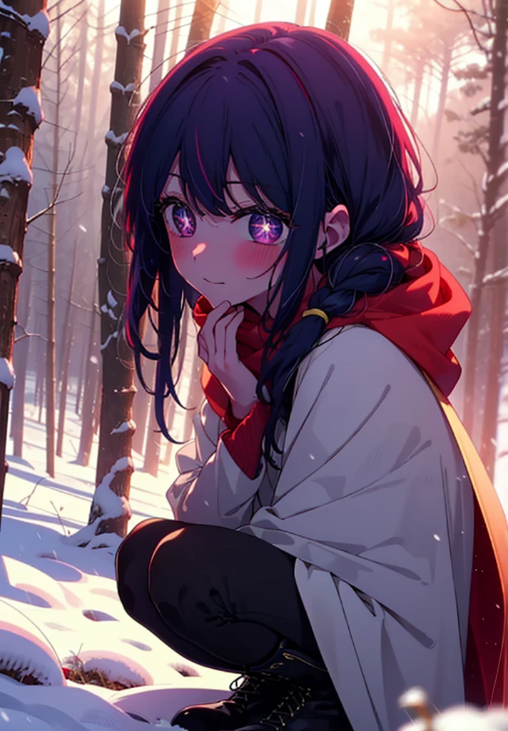 aihoshino, Ai Hoshino, Long Hair, bangs, (Purple eyes:1.1), Purple Hair, (Symbol-shaped pupil:1.5), smile,,smile,blush,White Breath,
Open your mouth,snow,Ground bonfire, Outdoor, boots, snowing, From the side, wood, suitcase, Cape, Blurred, , forest, White handbag, nature, Squat, Mouth closed, Cape, winter, Written boundary depth, Black shoes, red Cape break looking at viewer, Upper Body, whole body, break Outdoor, forest, nature, break (masterpiece:1.2), Highest quality, High resolution, unity 8k wallpaper, (shape:0.8), (Beautiful and beautiful eyes:1.6), Highly detailed face, Perfect lighting, Highly detailed CG, (Perfect hands, Perfect Anatomy),