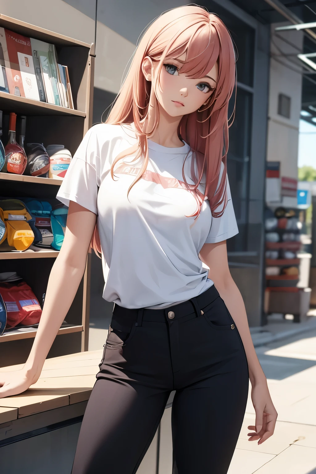 (Better image quality) woman with pants and t-shirt.