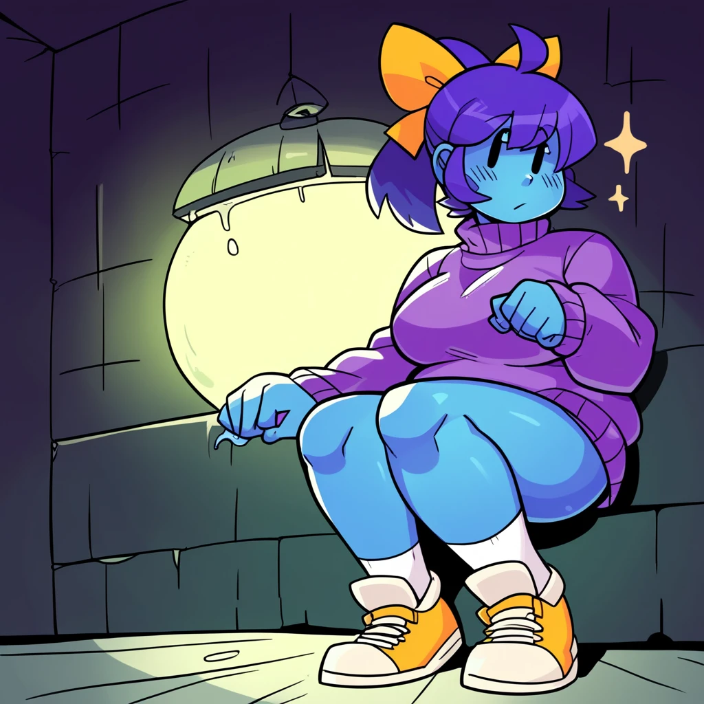 PDXL, score_9_superior, score_8_superior, score_7_superior, Highest quality, masterpiece, sauce_anime, Dark Background, indoor, Dim lighting, Old house, night, Detailed Background, Break 1 Girl, alone, Marina_(/Noil/), Dot Eye, Ghost, Ghost girl, Purple Hair, ponytail, Blue Skin, Blue body, Purple Hair, bow, Purple Sweater, shoes下, shoes, Yellow sneakers, Bottomless, View your viewers, Chubby,