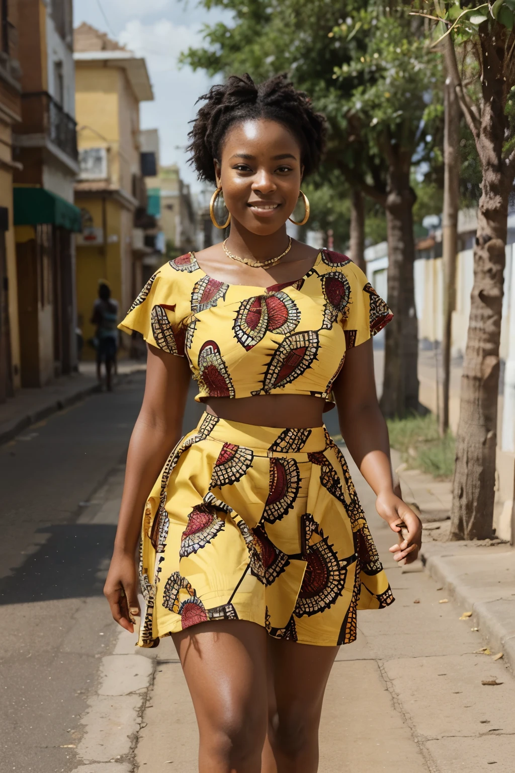 Create an image of a 23-year-old African woman, exuding happiness, dressed in a beautiful flare skirt and a beautiful top, she should be very thick and realistic . She should be walking down a street with the confidence and grace of a fashionista. The scene should be simple and capture her African heritage, reflecting her Kenyan background.