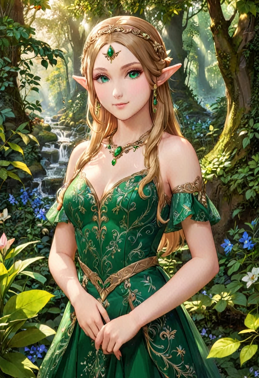 a masterful portrait done by Leonardo De Vinci of Princess Zelda, ((anatomically correct: 1.5)), wearing intricate glamour green elven dress,  elven forest background background, Ultra-high resolution, High Contrast, (masterpiece:1.5), highest quality, Best aesthetics), best details, best quality, highres, 16k, [ultra detailed], masterpiece, best quality, (extremely detailed), chumbasket art style, dvnc, evening dress