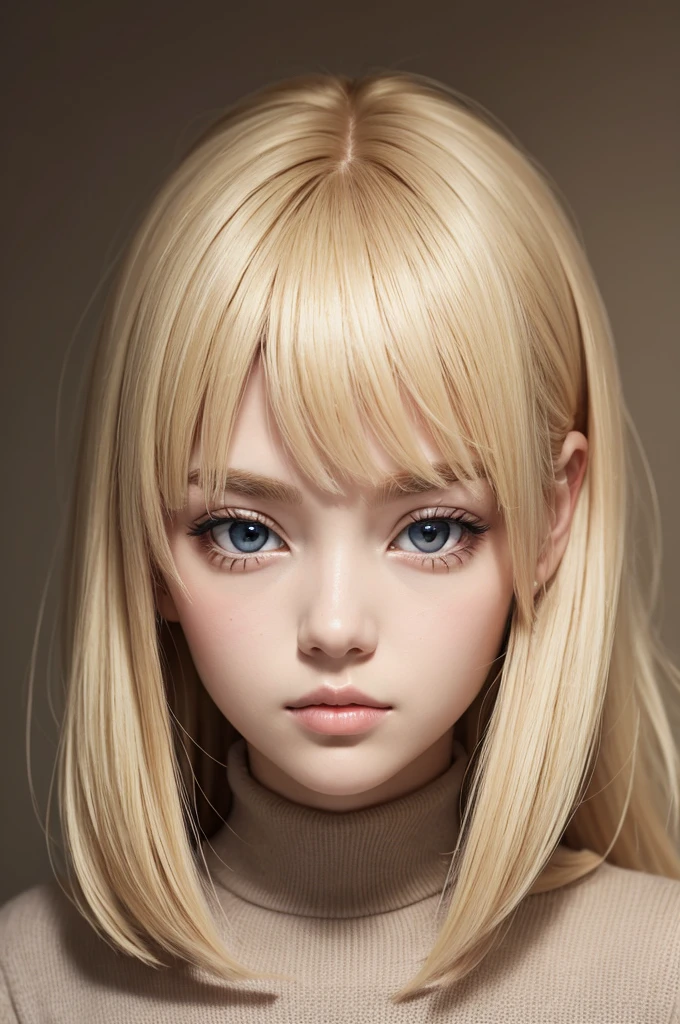 blonde; with a square face and thin chin; with big, drawn eyes; realisitic;
