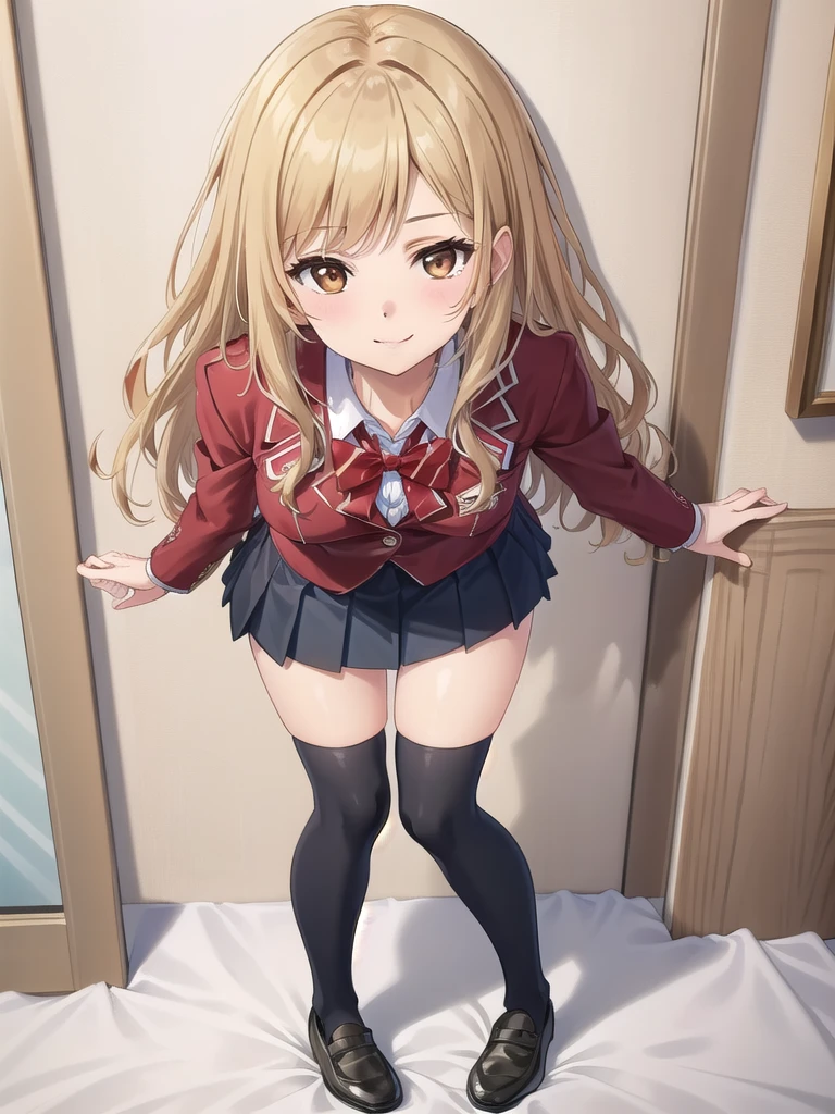 ((masterpiece)),(best quality),official art,extremely delicate and beautiful,extremely detailed CG,unity 8k wallpaper,ultra detailed,beautiful detailed eyes,extremely detailed face,on the bed,1girl,solo,full body,(portrait:1.5),looking at viewer,facing viewer,smile,Kuhouin Arisa,long wavy blond hair,sidelocks,parted bangs,brown eyes,female underwear,blazer,wing collar,red bowtie,whi,collared shirt,long sleeves,large breasts,buttons,miniskirt,black skirt,pleated skirt,black thighhighs,loafers,black footwear,Big breasts,nude,Get naked,see breasts,obscene,fullbody