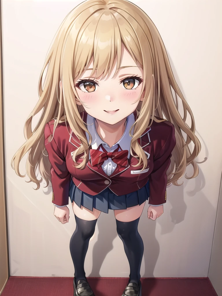 ((masterpiece)),(best quality),official art,extremely delicate and beautiful,extremely detailed CG,unity 8k wallpaper,ultra detailed,beautiful detailed eyes,extremely detailed face,on the bed,1girl,solo,full body,(portrait:1.5),looking at viewer,facing viewer,smile,Kuhouin Arisa,long wavy blond hair,sidelocks,parted bangs,brown eyes,female underwear,blazer,wing collar,red bowtie,whi,collared shirt,long sleeves,large breasts,buttons,miniskirt,black skirt,pleated skirt,black thighhighs,loafers,black footwear,Big breasts,nude,Get naked,see breasts,obscene,fullbody