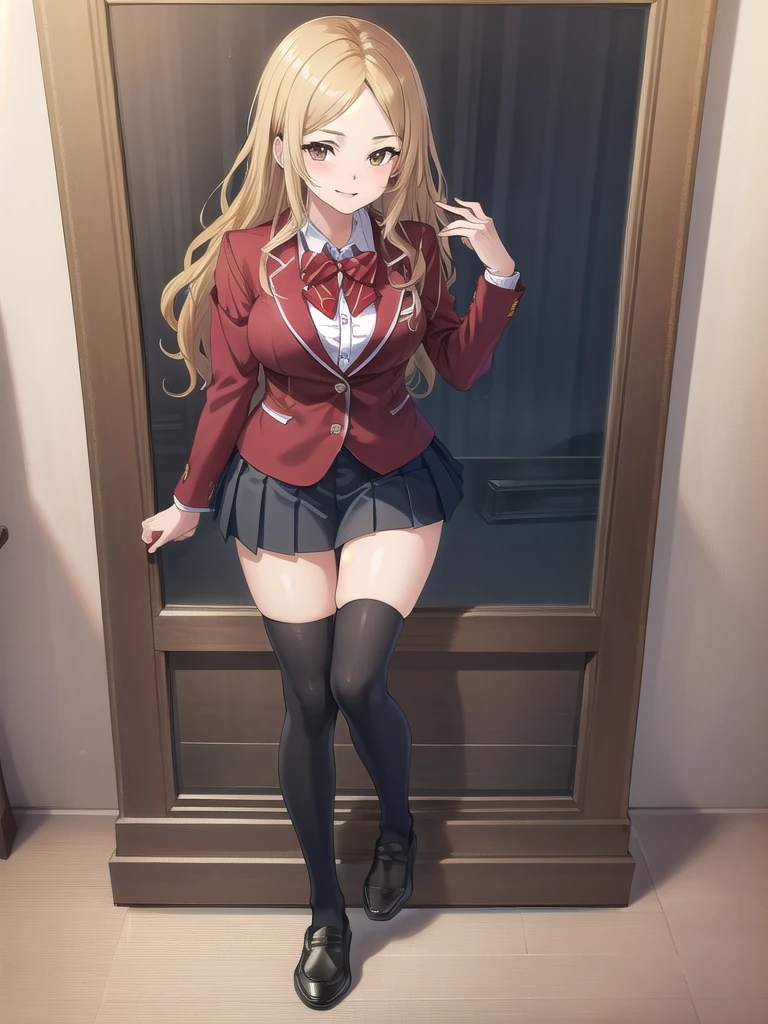 ((masterpiece)),(best quality),official art,extremely delicate and beautiful,extremely detailed CG,unity 8k wallpaper,ultra detailed,beautiful detailed eyes,extremely detailed face,on the bed,1girl,solo,full body,(portrait:1.5),looking at viewer,facing viewer,smile,Kuhouin Arisa,long wavy blond hair,sidelocks,parted bangs,brown eyes,female underwear,blazer,wing collar,red bowtie,whi,collared shirt,long sleeves,large breasts,buttons,miniskirt,black skirt,pleated skirt,black thighhighs,loafers,black footwear,Big breasts,nude,Get naked,see breasts,obscene,fullbody