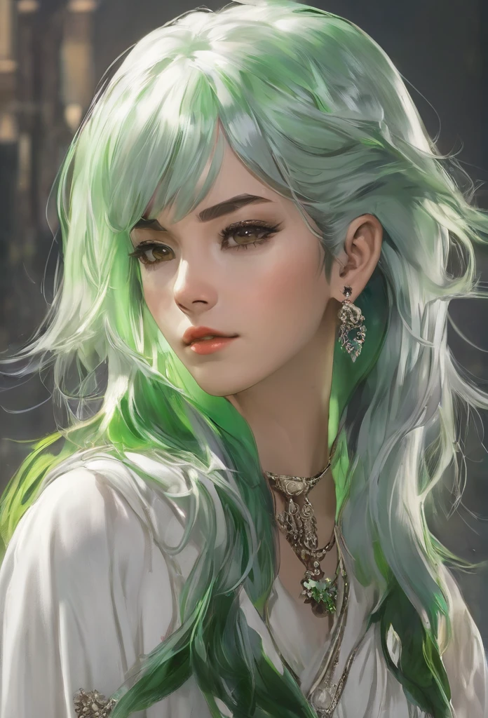 22 years old, female, humanity, white hair with a single group of green hair in front, middle age era, fierce expression