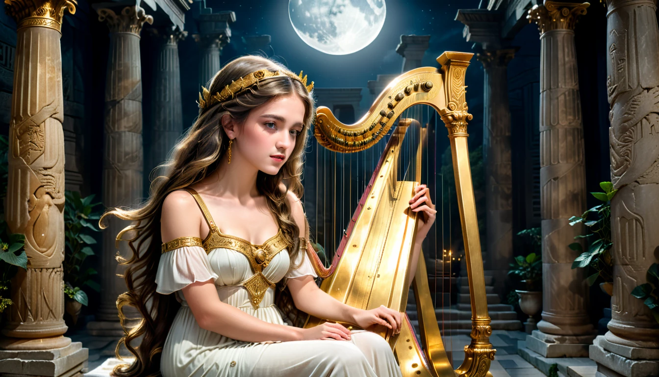 a young priestess, sitting, she places a harp larger than herself in front of him and plays it, playing a large lyre, ancient Greek temple, late at night, inside the temple it is (dark:1.3) and there is (no lighting:1.2), the moonlight shines in at an angle, shining a faint light on her., highly detailed, photorealistic, realistic lighting, intricate architecture, ornate decorations, cool color palette, golden accents, soft fabric textures, mesmerizing expression, elegant pose, cinematic composition, natural lighting, realistic shadows, mystical atmosphere, hyperrealistic, award-winning art