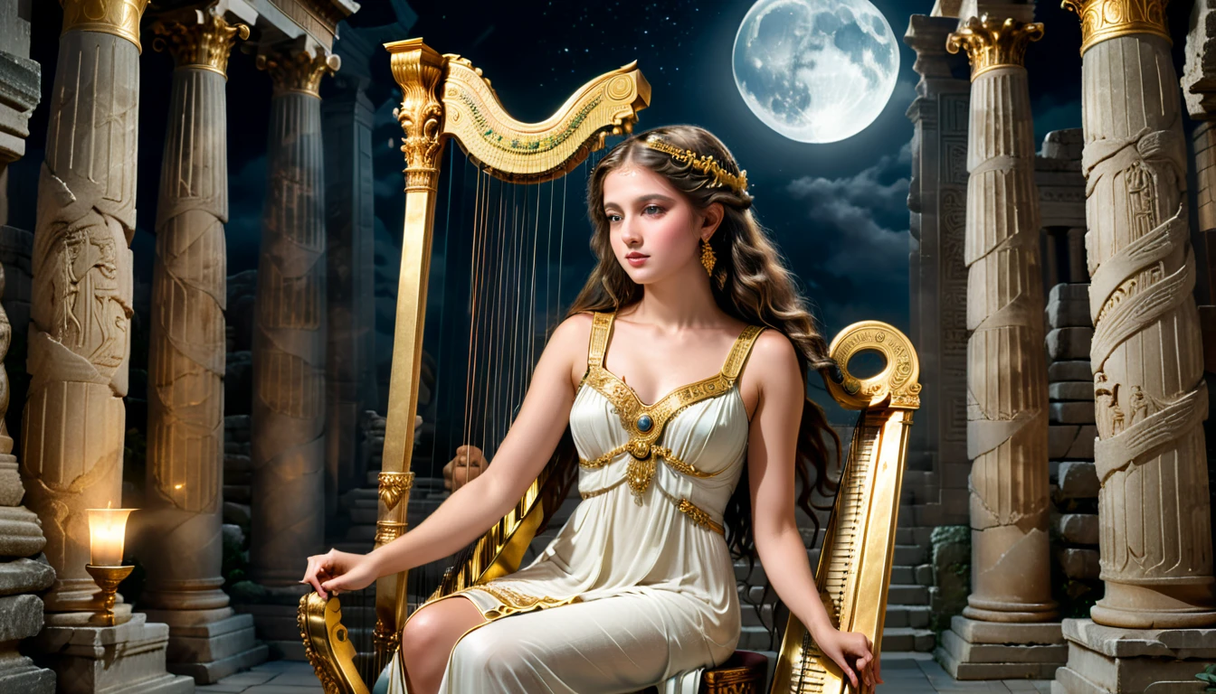 a young priestess, sitting, she places a harp larger than herself in front of him and plays it, playing a large lyre, ancient Greek temple, late at night, inside the temple it is (dark:1.3) and there is (no lighting:1.2), the moonlight shines in at an angle, shining a faint light on her., highly detailed, photorealistic, realistic lighting, intricate architecture, ornate decorations, cool color palette, golden accents, soft fabric textures, mesmerizing expression, elegant pose, cinematic composition, natural lighting, realistic shadows, mystical atmosphere, hyperrealistic, award-winning art