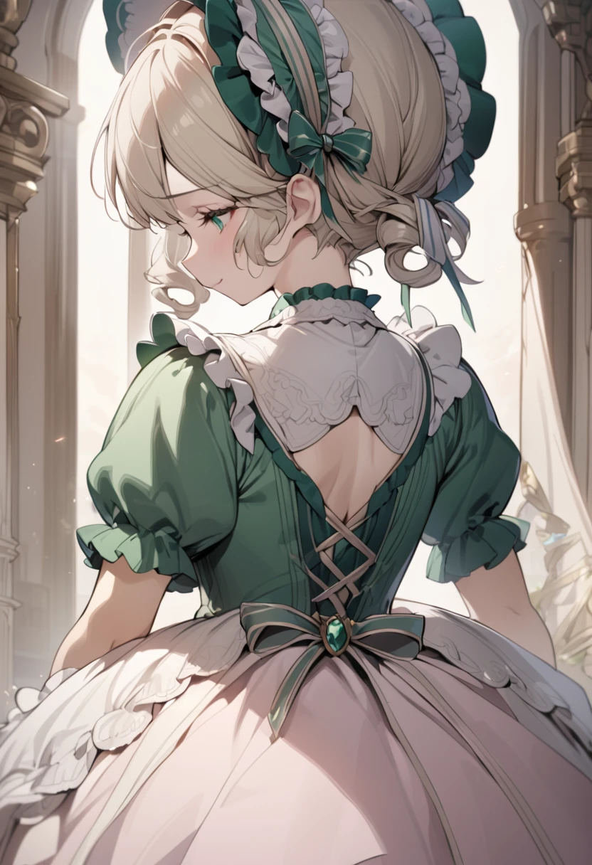 Platinum Blonde hair,sidecurls,curls,emerald green eyes,long eyelashes,light pink victorian dress,puffy short sleeves,frilled dress,frilly wide brimmed Bonnet with bows,bustshot,masterpiece,highress,soft smile,bishoujo,peterpan collar,facing away,