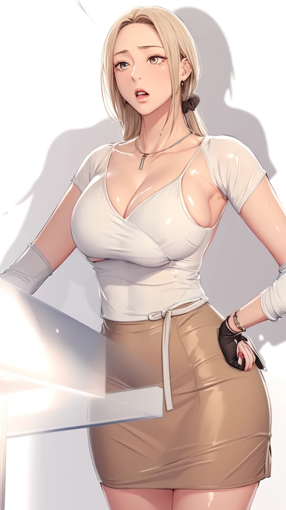 (((Perfect figure, full body pose, figure,solo, White and tender skin,(((, , ))),(((MiaChadef, long hair, blonde hair, brown eyeasterpiece)),high resolution, ((Best quality at best)),masterpiece,quality,Best quality,((( Exquisite facial features,Looking at the audience,There is light in the eyes,(((lol,Happy,))),))),(((Light and shadow,Huge breasts))),(((Looking at the camera,White background,))))