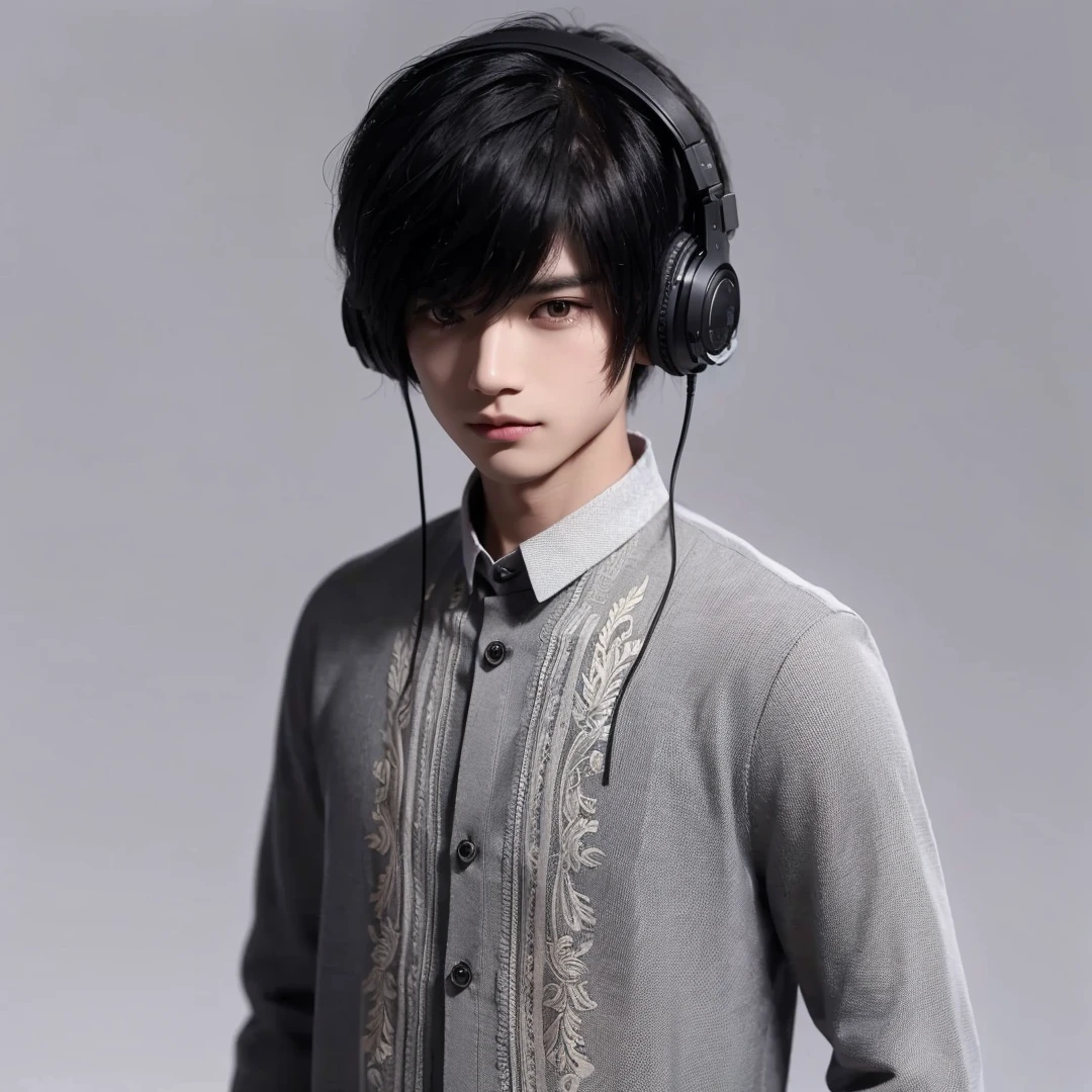 Handsome boy, black hair, brown eyes, wearing gray barong tagalog, black headphone