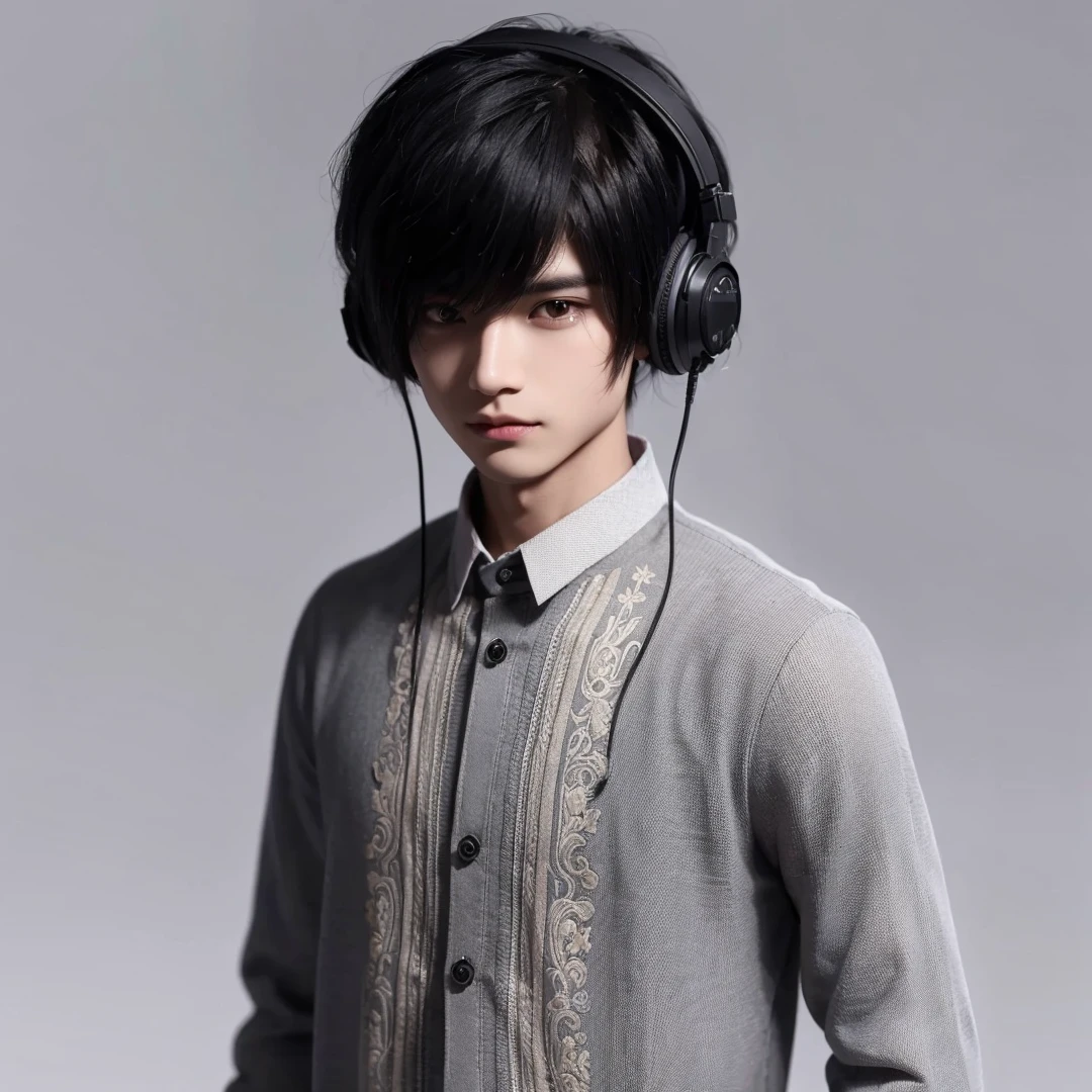 Handsome boy, black hair, brown eyes, wearing gray barong tagalog, black headphone