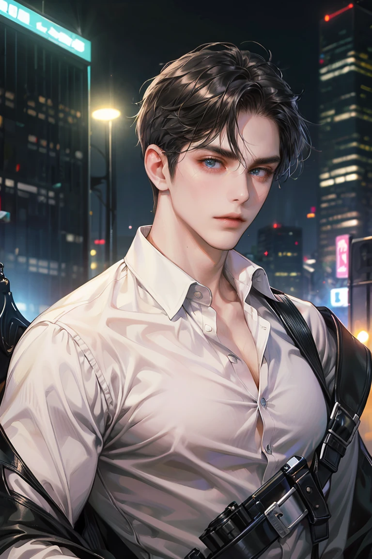 (absurdres, highres, ultra detailed, original character, HDR), 1 boy, solo, adult, handsome, ((tall muscular guy, broad shoulders)), finely detailed eyes, (black medium hair), hair between eyes, turquoise eyes, holographic, futuristic, casual and sexy outfit, gun holster, (body tight white shirt), ((large man breasts)), ((wearing an earring)), (portrait), dutch angle, face focused, british colonial scenery, dystopian hong kong city, skyscrapers, closed mouth, looking at viewer, depth of field, bokeh