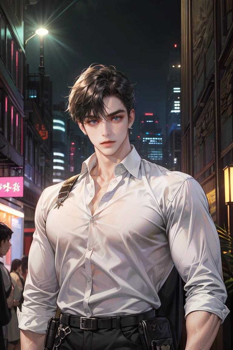 (absurdres, highres, ultra detailed, original character, HDR), 1 boy, solo, adult, handsome, ((tall muscular guy, broad shoulders)), finely detailed eyes, (black hair), hair between eyes, turquoise eyes, holographic, futuristic, casual and sexy outfit, gun holster, (body tight white shirt), ((large man breasts)), ((wearing an earring)), (portrait), dutch angle, face focused, british colonial scenery, dystopian hong kong city, skyscrapers, closed mouth, looking at viewer, depth of field, bokeh
