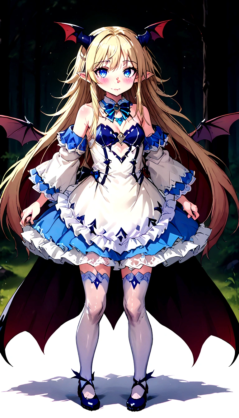 Anime. Monster Girl Encyclopedia. Alice.1 Girl. Lovely girl. . . Baby. Succubus Clumsy. Blonde. Long hair. Blue eyes. Beautiful eyes. Perfect eyes. Expressive eyes. Ideal face. ************. Small breasts. Flat chest. Pointy ears. Ideal anatomical body. Succubus horns. Wings of a succubus. Succubus tail with a heart tip. Cold. Runny nose. Snot flows from the nose. Blue and white children's dress from Alice in Wonderland. bows on the horns. White stockings. Shoes. Standing. Standing at full height. Standing in the forest. Standing in the middle of the forest. Beautiful character design. Shiny skin. Full body. nsfw. Scat. Official art. Extremely detailed CG Unity 8k wallpaper. Ideal lighting. Ultra high resolution 4K. Super detailed 8K. A high resolution.