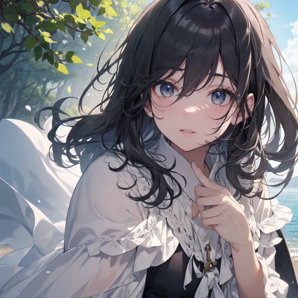 (Highest quality、masterpiece、High resolution、8K)、Vibrant colors、1 female、Long black hair、whole body、barefoot、thin、(Detailed face、Beautiful Eyes、Beautiful Nose、Pretty lips)、A woman in a white dress jumps high、Official Art、The background is the sea、blue sky、Wide sandy beach、Wide forest、