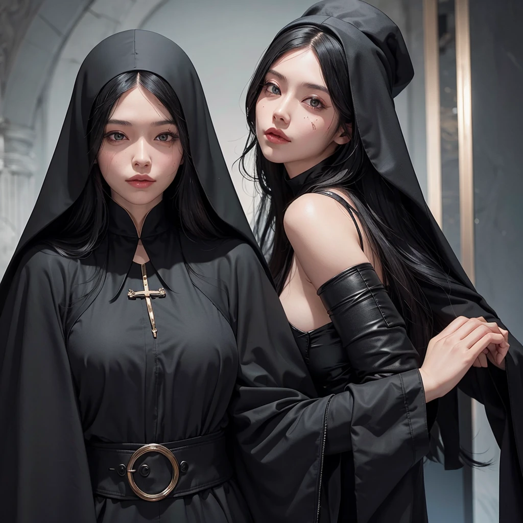 Beautiful lady, with black long hair, nun, scratches on face, Black Closed Clothing, Large cloak, costs