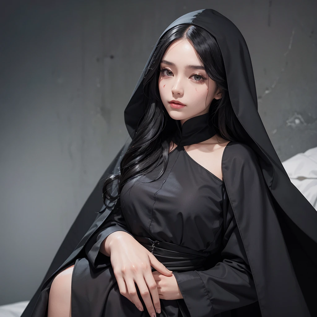 Beautiful lady, with black long hair, nun, scratches on face, Black Closed Clothing, Large cloak, costs