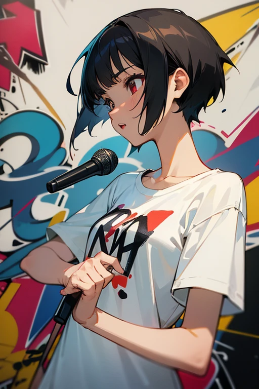 anime style,artistic, masterpiece,best quality, dsuper fine illustration, super detailed, dynamic angle,8k,detailed background,in live stage, (BREAK a female is singing  . She is wearing {a white T-shirt with a graffiti art-style cat illustration}.)Break very short hair,flat chest,black  hair,red-eyes,holding ギター,