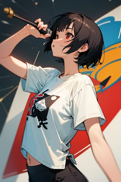 anime style,artistic, masterpiece,best quality, dsuper fine illustration, super detailed, dynamic angle,8k,detailed background,in live stage, (BREAK a female is singing  . She is wearing {a white T-shirt with a graffiti art-style cat illustration}.)Break very short hair,flat chest,black  hair,red-eyes,holding ギター,