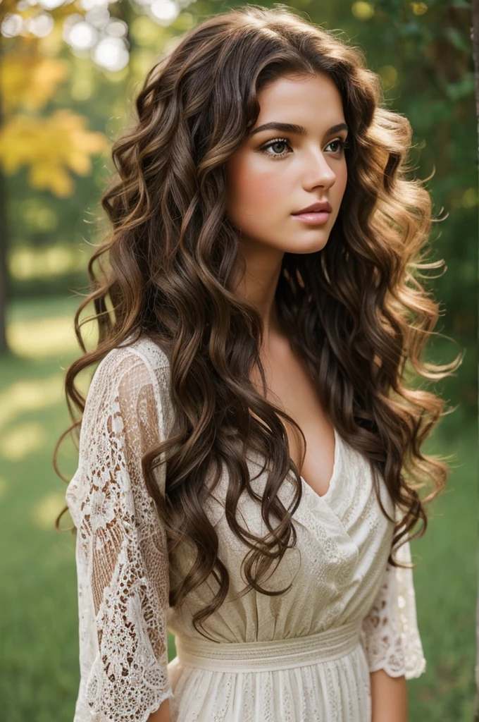 Create one of a brunette girl with curly hair, and that it is on its back and that it looks sensual in a profile style image and that it looks real