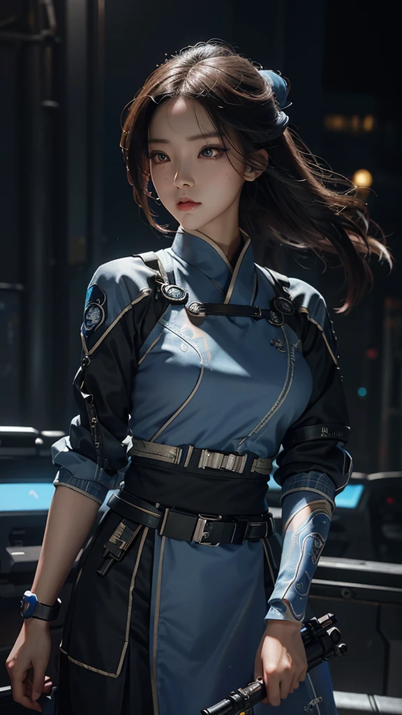 Girl, traditional hanbok, holding plasma rifle, futuristic plasma rifle, contrast between traditional and futuristic, determined expression, confident pose, beautiful detailed eyes, beautiful detailed lips, extremely detailed face, longeyelashes, hyperrealistic, 8k, photorealistic, cinematic lighting, dramatic lighting, vibrant colors, intricate details, masterpiece, digital painting