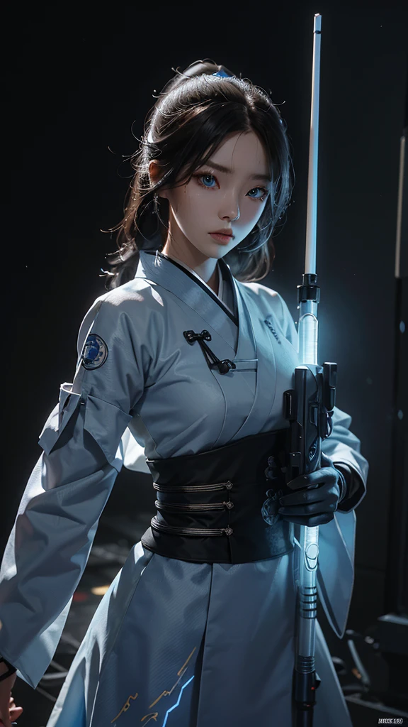 Girl, traditional hanbok, holding plasma rifle, futuristic plasma rifle, contrast between traditional and futuristic, determined expression, confident pose, beautiful detailed eyes, beautiful detailed lips, extremely detailed face, longeyelashes, hyperrealistic, 8k, photorealistic, cinematic lighting, dramatic lighting, vibrant colors, intricate details, masterpiece, digital painting