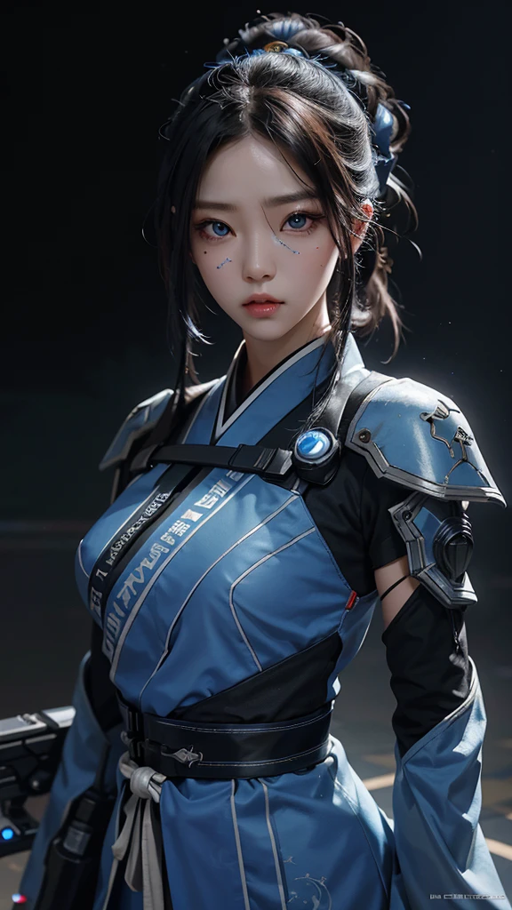 Girl, traditional hanbok, holding plasma rifle, futuristic plasma rifle, contrast between traditional and futuristic, determined expression, confident pose, beautiful detailed eyes, beautiful detailed lips, extremely detailed face, longeyelashes, hyperrealistic, 8k, photorealistic, cinematic lighting, dramatic lighting, vibrant colors, intricate details, masterpiece, digital painting