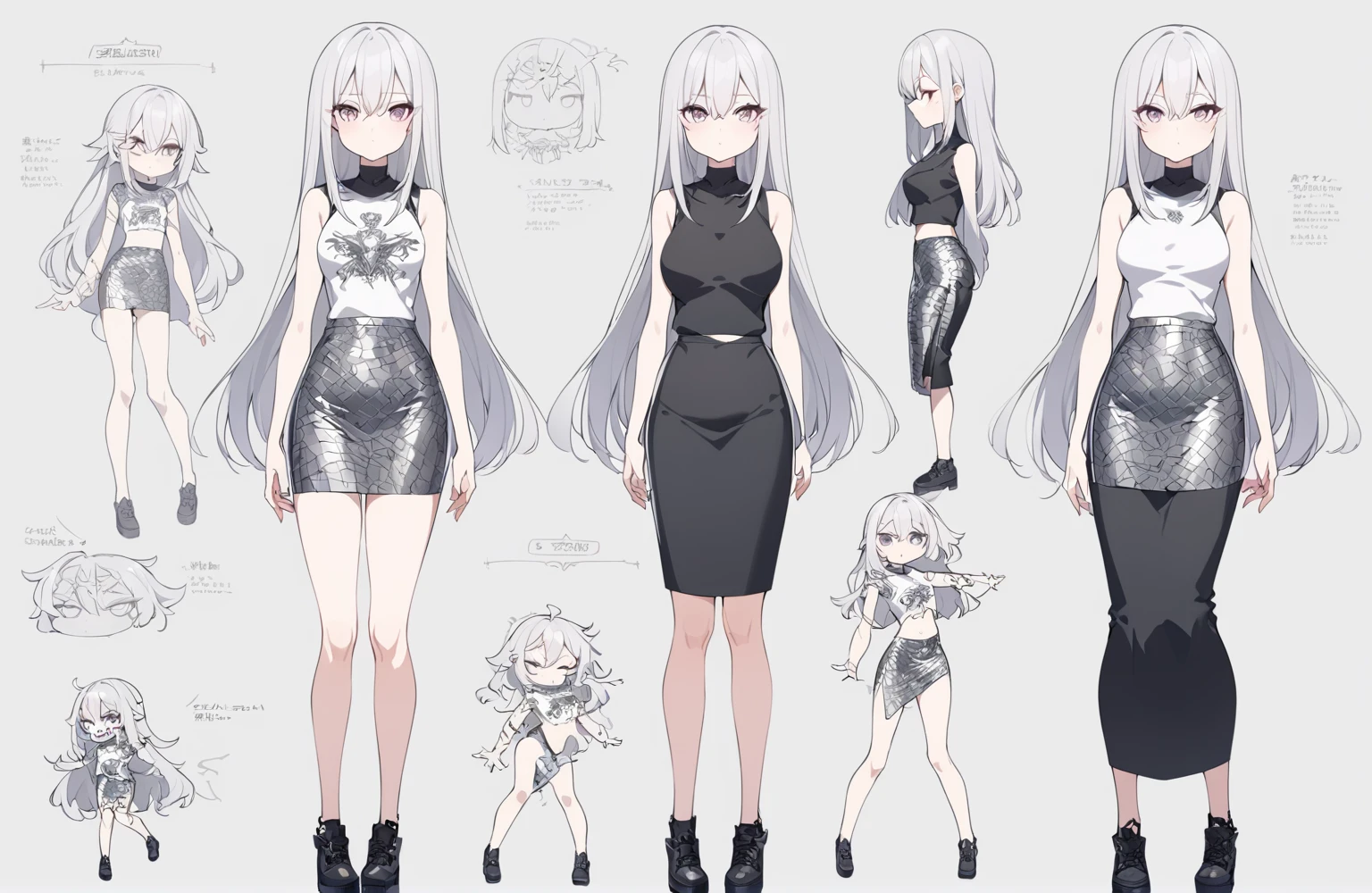 1 girl 150 cm tall. long silver hair, Scrawny, knee length straight hair, Small face, Full body diagram, metal rock clothing style pencil maxi skirt