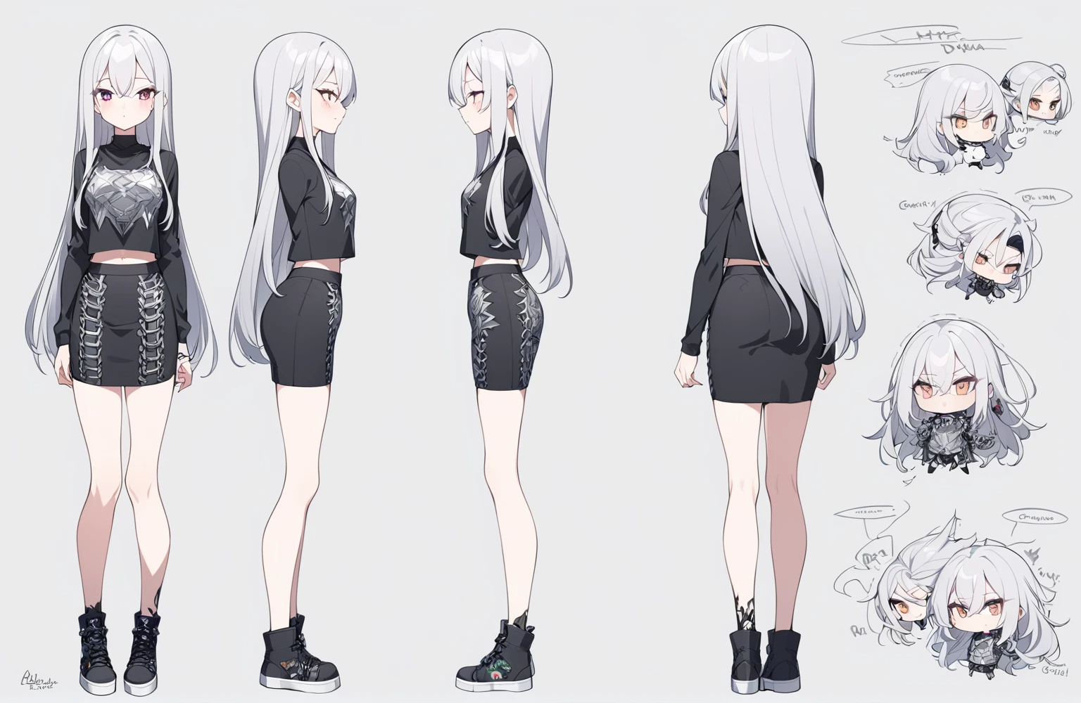 1 girl 150 cm tall. long silver hair, Scrawny, knee length straight hair, Small face, Full body diagram, metal rock clothing style pencil maxi skirt