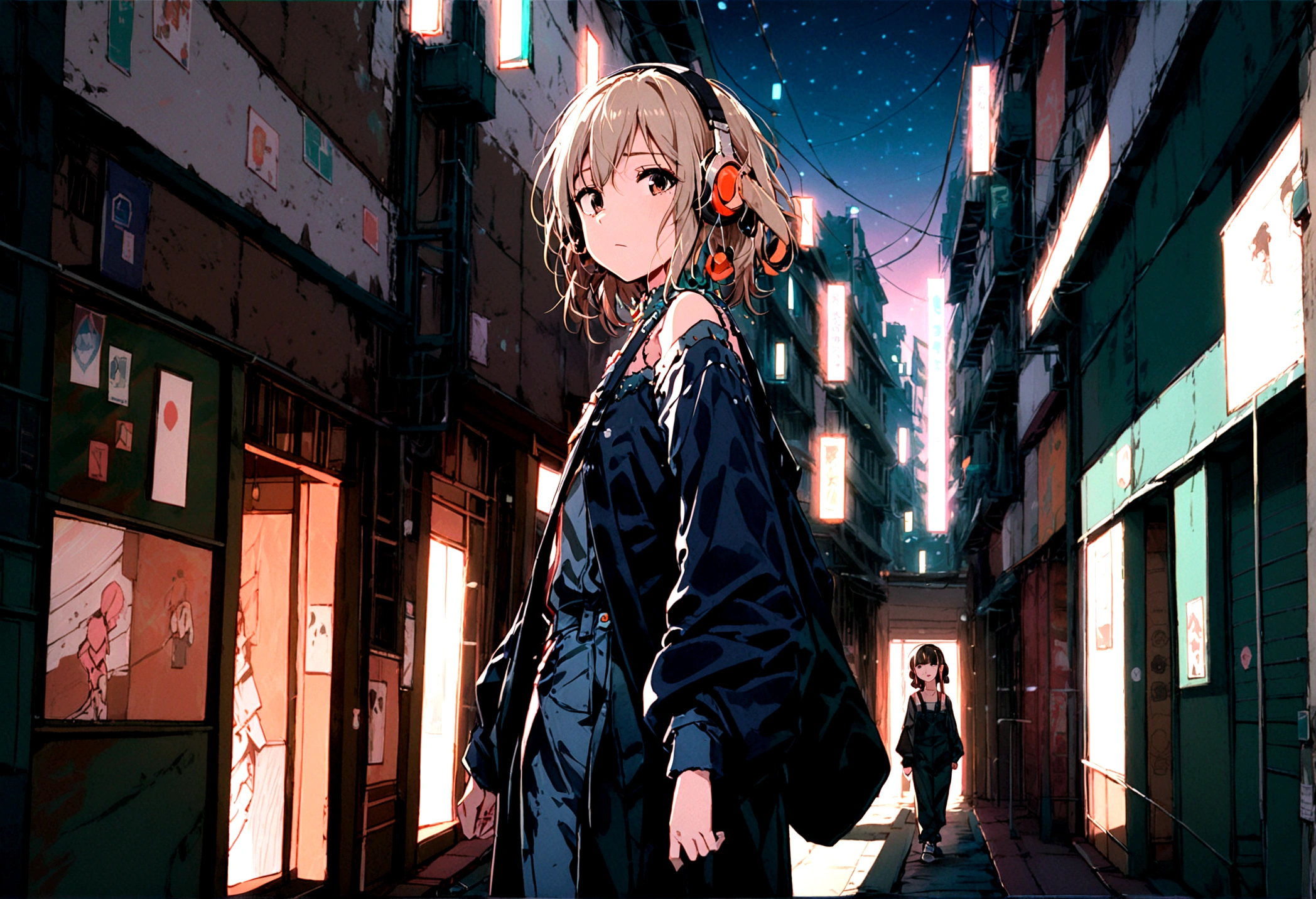A painting of a woman standing in an alley, Overall dark atmosphere, Wearing headphones, Black Hair, Dark Eyes, Medium Short, Tired look, Oversized clothes,