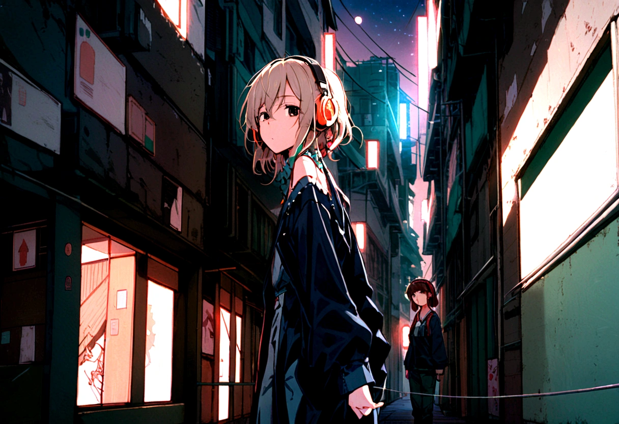 A painting of a woman standing in an alley, Overall dark atmosphere, Wearing headphones, Black Hair, Dark Eyes, Medium Short, Tired look, Oversized clothes,