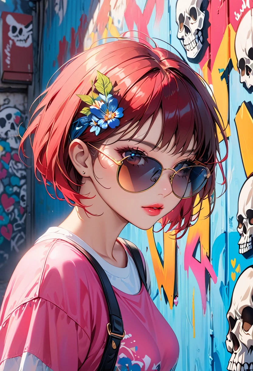 8K resolution、((highest quality))、((masterpiece))、((Super detailed))、1 female、alone、incredibly absurd、 (((most beautiful girl ever))), (((Stylish sunglasses))), lips in love, stylish cap,short cut hair、small breasts, ((skull(graffiti art wall))), colorful hair, provocative