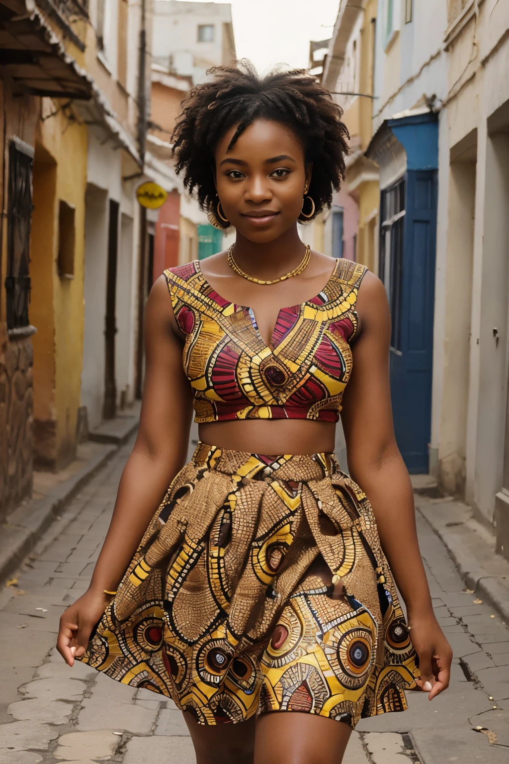 Create an image of a 23-year-old African woman, exuding happiness, dressed in a beautiful flare skirt and a beautiful top, she should be very thick and realistic . She should be walking down a street with the confidence and grace of a fashionista. The scene should be simple and capture her African heritage, reflecting her Kenyan background.