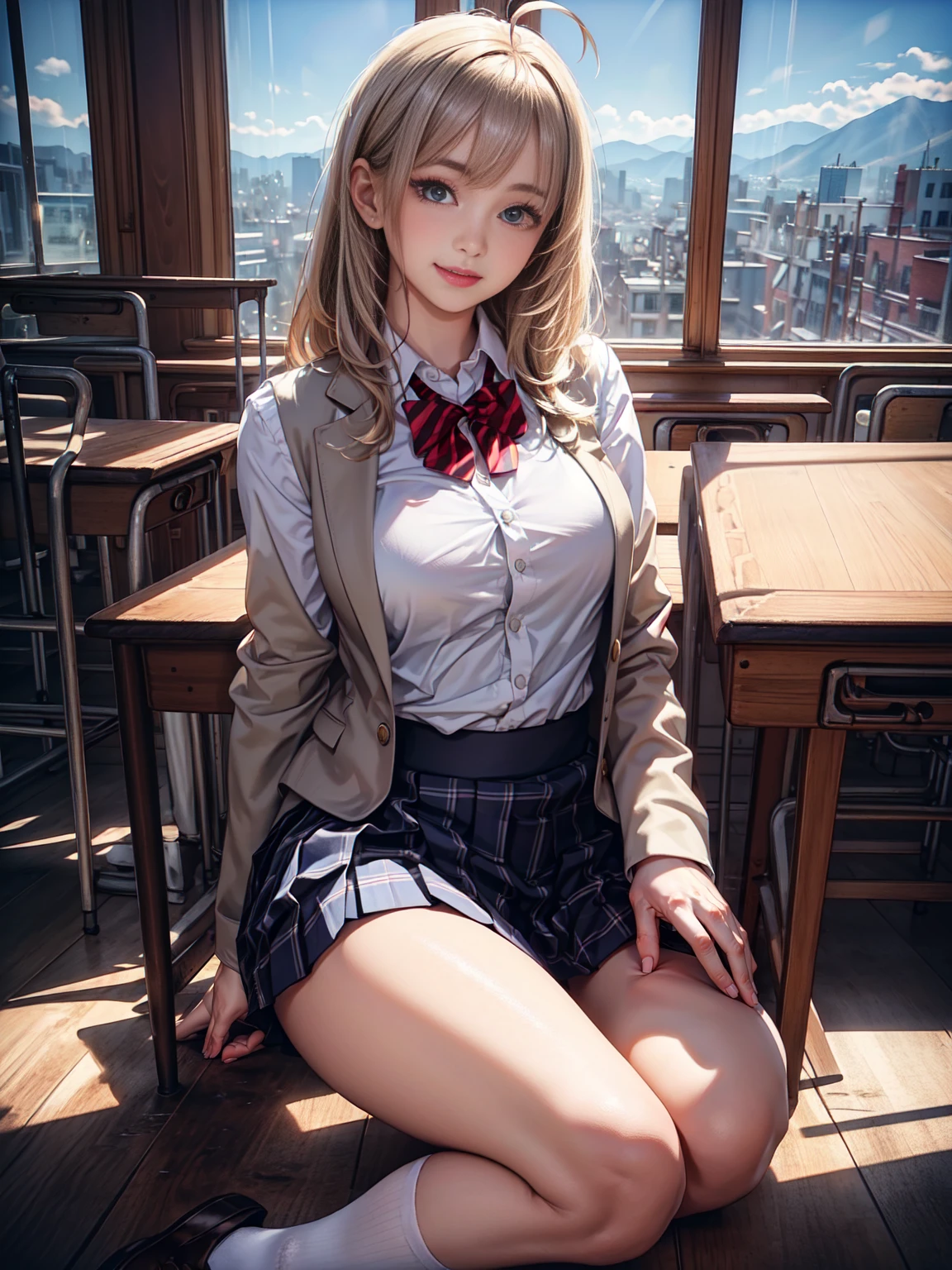 (masterpiece:1.3, Highest quality, Ultra-high resolution, Super detailed), (Realistic, photoRealistic:1.4), Beautiful illustrations, Perfect lighting, Natural light, Depth of written boundary, , 
Beautiful detailed hair, Beautifully detailed face, Beautiful attention to detail, Beautiful clavicle, Beautiful body, Beautiful breasts, Beautiful thighs, Beautiful feet, Beautiful Hands, 
View your viewers, (Face Focus), 1 Girl, high school girl, Alisa Kujou, (Perfect ???????, Anatomically correct), Cute and symmetrical face, Baby Face, Perfect Face, Perfect Eyes, Shiny skin, 
(Long Hair, Straight hair, Sideburns, Silver Hair), Crossed bangs, Ahoge, blue eyes, Slanted Eyes, Long eyelashes, (Medium chest, Captivating thighs), thin, Excellent style, 
(school uniform, Long sleeve light brown blazer, Grey vest, Grey pleated skirt with white lines, White collared shirt, White thigh-high socks with gold lines), Red bow tie, 
(Beautiful views), evening, (School classroom:1.2), (Cute smile, Part your lips), 