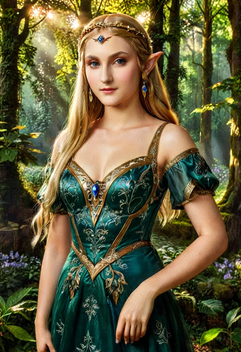 a masterful portrait done by Leonardo De Vinci of Princess Zelda, ((anatomically correct: 1.5)), wearing intricate glamour elven dress,  elven forest background background, Ultra-high resolution, High Contrast, (masterpiece:1.5), highest quality, Best aesthetics), best details, best quality, highres, 16k, [ultra detailed], masterpiece, best quality, (extremely detailed), chumbasket art style, dvnc, evening dress