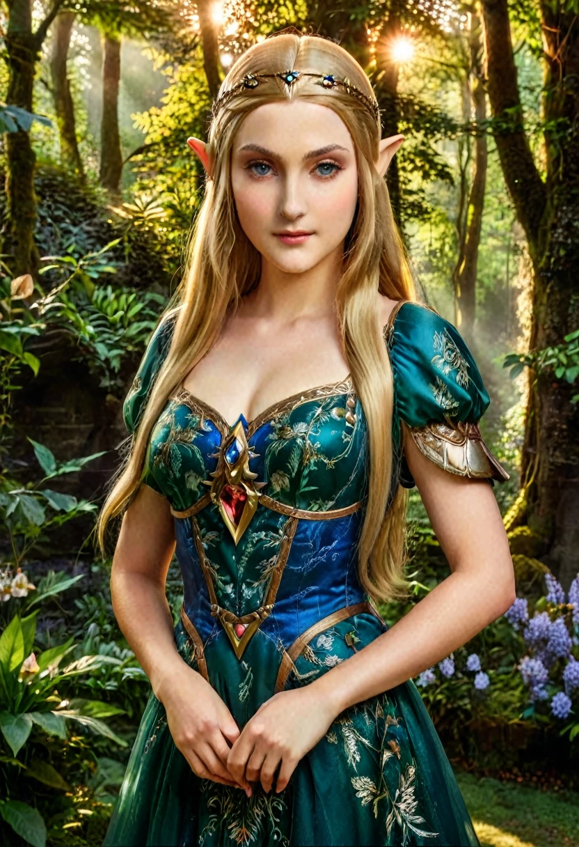 a masterful portrait done by Leonardo De Vinci of Princess Zelda, ((anatomically correct: 1.5)), wearing intricate glamour elven dress,  elven forest background background, Ultra-high resolution, High Contrast, (masterpiece:1.5), highest quality, Best aesthetics), best details, best quality, highres, 16k, [ultra detailed], masterpiece, best quality, (extremely detailed), chumbasket art style, dvnc, evening dress