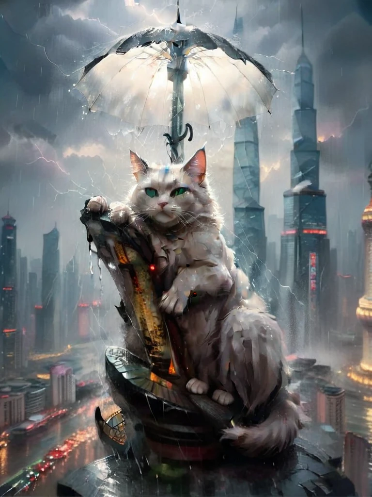 A cinematic masterpiece! A long shot captures the majestic scene: a colossal cat sprawled atop the Oriental Pearl Tower in Shanghai, umbrella in paw, as thunderstorms rage above and rain pours down. The cat's fur glistens with dew, while its eyes shine like polished onyx. In the background, city lights twinkle like diamonds. The framing emphasizes the tower's sleek curves, as a delicate balance of light and shadow defines the scene. Each strand of fur, each drop of rain, is meticulously rendered in high-definition, inviting the viewer to step into this extraordinary world.