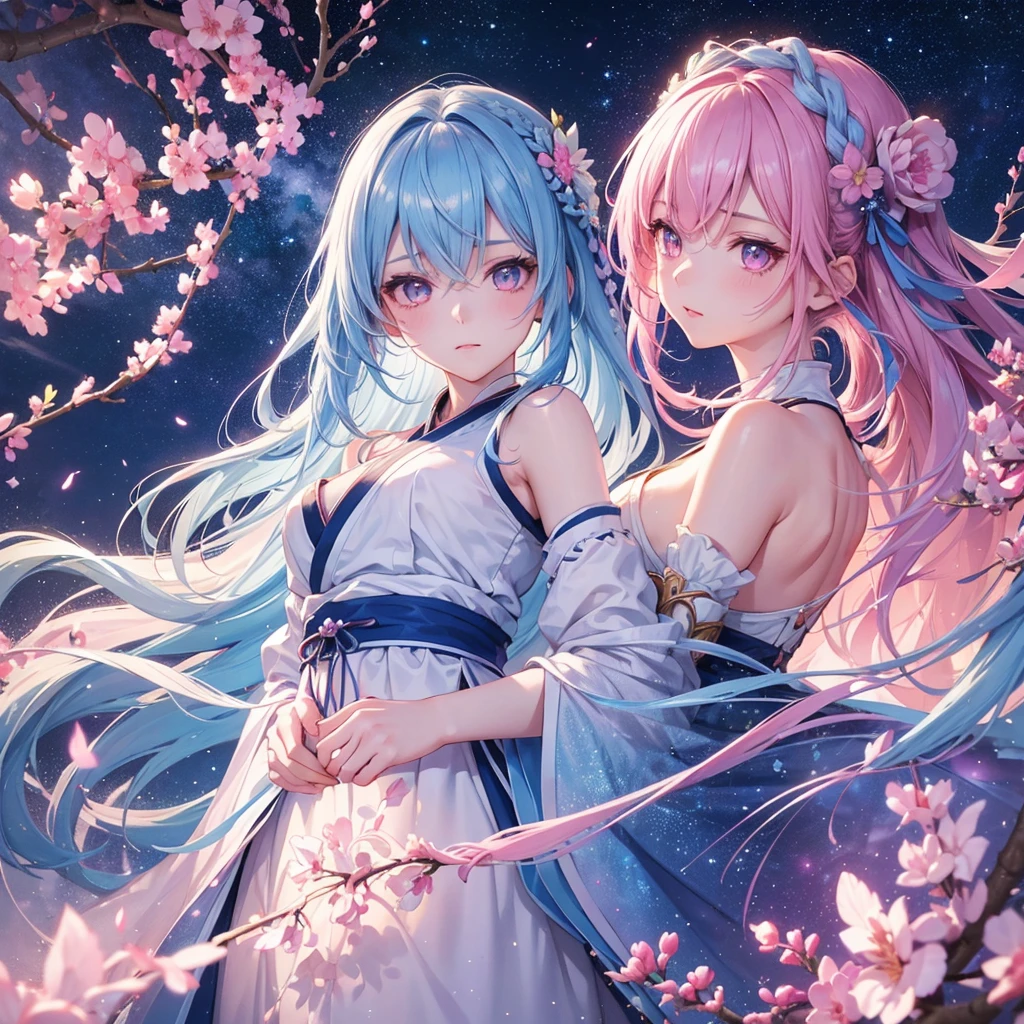 Sky blue hair,braid,(Pink Eyes),Fair skin ,(whole body),(One girl),Hanfu,Tanabata,(The beautiful, sparkling Milky Way in the night sky),Lonely Eyes,,(masterpiece, Highest quality, Very detailed, Best Shadow), (Detailed Background), (Beautifully detailed face), High Contrast, (Best lighting, Very delicate and beautiful), ((Cinematic Light)), colorful, Hyper Detail, Dramatic Light, Intricate details,