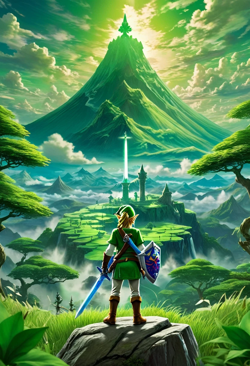 a highly detailed scene of the main character from The Legend of Zelda, Link, standing in a vast fantasy landscape, holding the Master Sword and wearing his iconic green tunic and cap, surrounded by lush forests, towering mountains, and a mystical sky, 8k, photorealistic, cinematic lighting, dramatic poses, intricate textures, vivid colors, fantasy art
