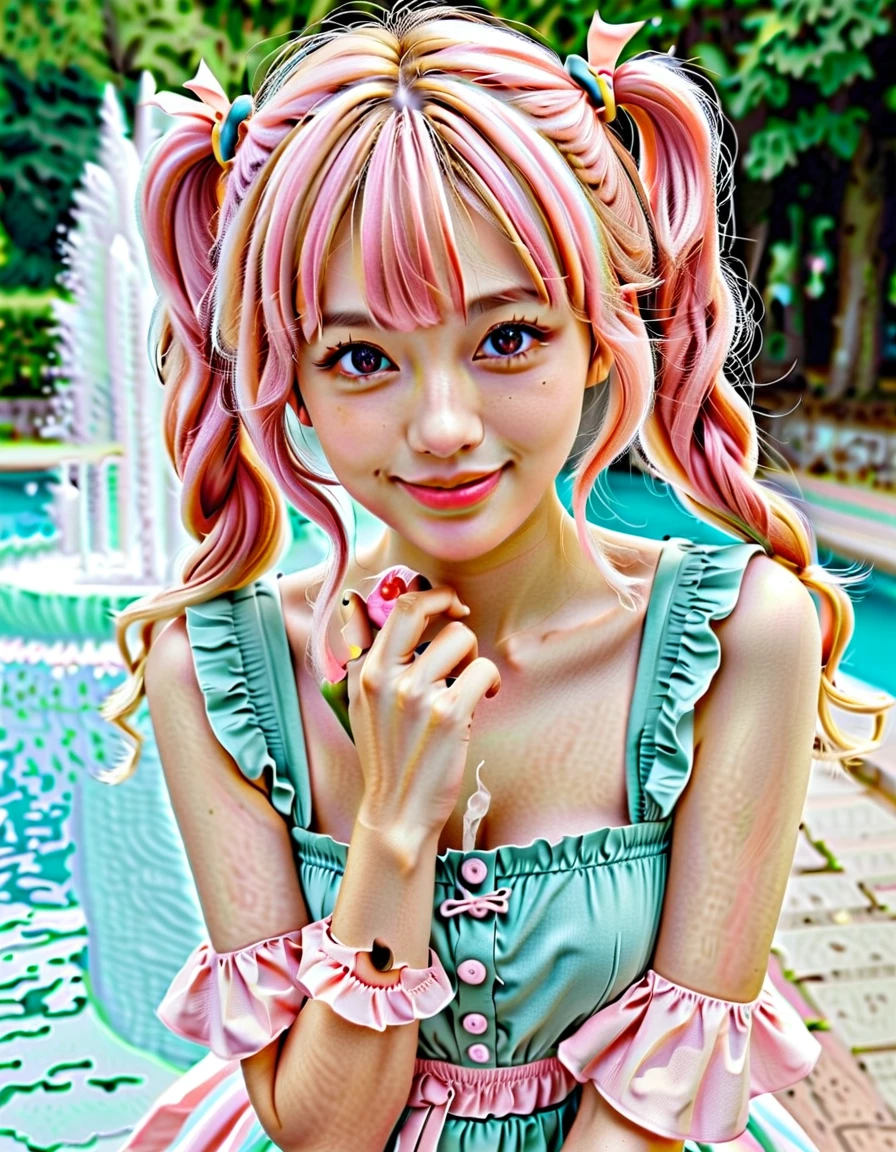 (watercolor:1.2), (close up face), best quality, masterpiece, extremely cute and tender girl, cute pose, sweet smile, (petite), beautiful tender eyes symmetrical, (beautiful and detailed face), beautiful long twintail hair, (pastel pink hair:1.3), blunt bangs, nice hands, perfect hands, (summer fountain terrace:1.3), sweet cake-inspired motif frilly sundress, a lot of frills, frilly sleeves, kawaiitech, pastel colors, kawaii, cute colors